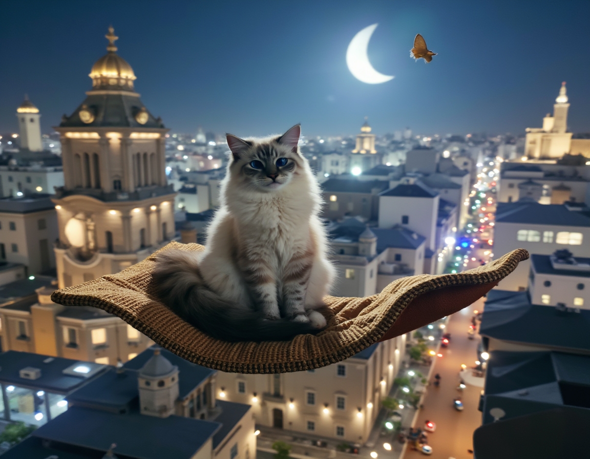 Cat sits on a flying carpet, soaring above a magical city illuminated by sparkling lights. The cat gazes at shimmering buildings and magical creatures floating around it